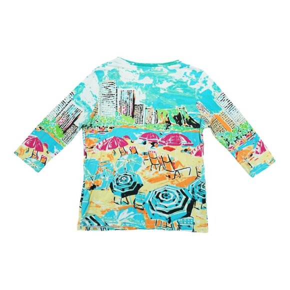 PALM GROVE Womens PM Petites Top Tropical Paradise, Beach 3/4 Sleeve Rhinestones - Picture 2 of 5